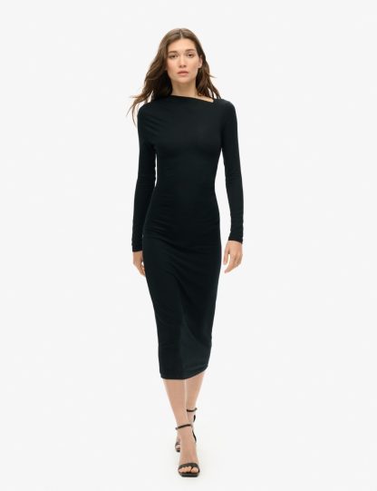 Superdry Women's Ruched Midi Bodycon Dress - 16 - Black, Black