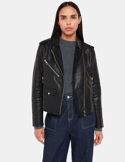 Whistles Women's Leather Cropped Biker Jacket - 10 - Black, Black