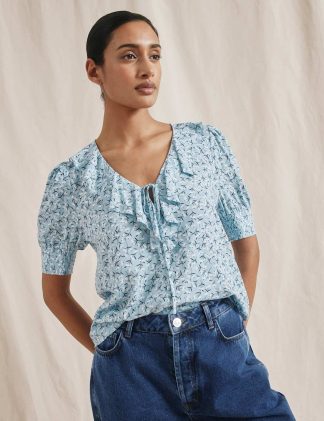 Albaray Women's Floral Print Notch Neck Ruffle Blouse - 8 - Dark Blue Denim, Dark Blue Denim
