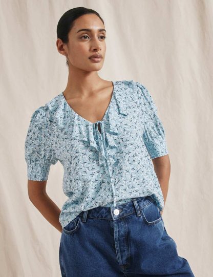 Albaray Women's Floral Print Notch Neck Ruffle Blouse - 8 - Dark Blue Denim, Dark Blue Denim