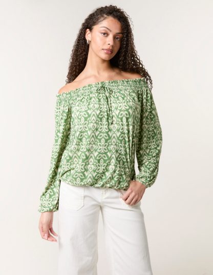 Bubble Hem Bardot Top - S/M / KHAKI