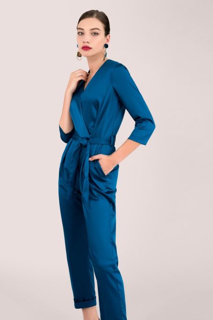 Closet London Blue Crossover Jumpsuit with Tie