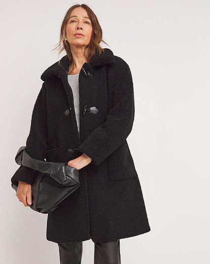 Collared Duffle Teddy Mid Length Coat Black - JD Williams - Size: 8