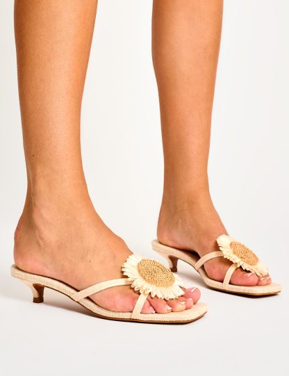 Ellery Natural Linen 3-D Floral Mule Mid Heels