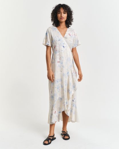 GANT Women Floral Print Frilly Short Sleeve Wrap Dress (38)