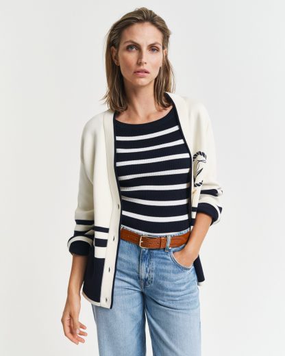 GANT Women Striped Rib Knit Off Shoulder Top (XL)
