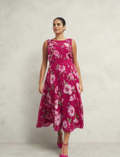 Hobbs Women's Floral Round Neck Midi Skater Dress - 10REG - Pink Mix, Pink Mix
