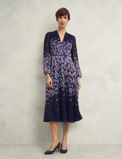 Hobbs Women's Printed V-Neck Midi Skater Dress - 10REG - Navy, Navy