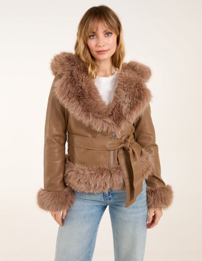 Hooded Zip Faux Fur Cropped PU Jacket - 8 / LIGHT BROWN