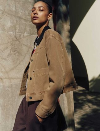 Hush Women's Pure Cotton Leather Collar Cropped Jacket - S-M - Camel, Camel