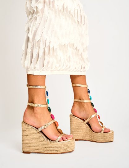 Iliana Cracked Gold Pu Beaded Trim Strappy Jute Wedges