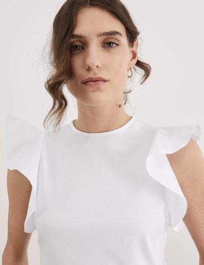 Jaeger Women's Pure Mercerised Cotton Ruffle Top - 10 - White, White