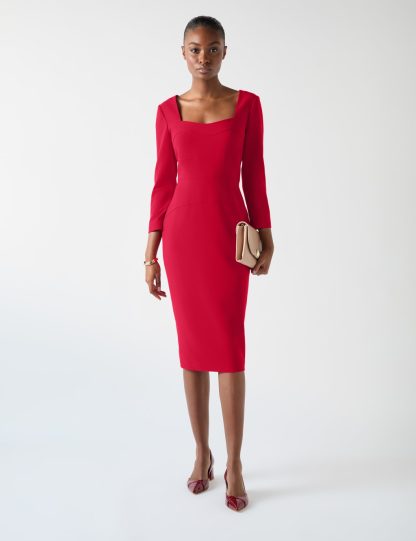 Lk Bennett Women's Crepe Square Neck Knee Length Bodycon Dress - 20 - Red, Red