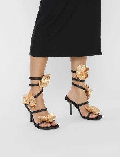Lotus Black Satin & Gold Flower Trim Wrap Around Flared Stiletto High Heels
