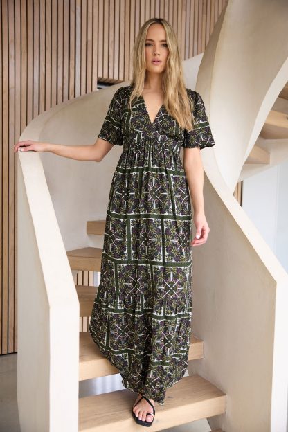 Lts Tall Green Tile Print Vneckline Maxi Dress 24 Lts | Tall Women's Maxi Dresses