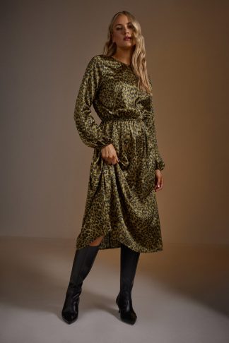 Lts Tall Khaki Green Leopard Print Satin Midi Dress 24 Lts | Tall Women's Midi Dresses