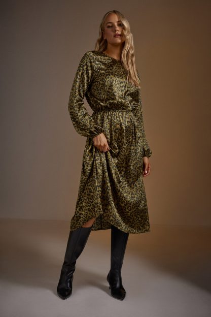 Lts Tall Khaki Green Leopard Print Satin Midi Dress 24 Lts | Tall Women's Midi Dresses
