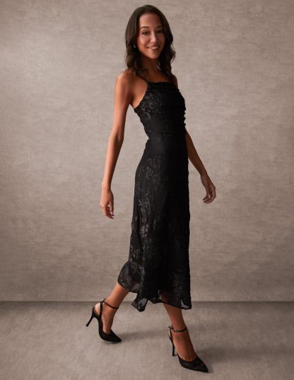 Luxe Ruched Devore Midi Dress - 14 / BLACK
