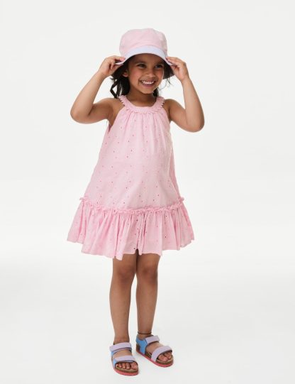 M&S Collection Girls Pure Cotton Broderie Dress (2-8 Yrs) - 2-3 Y - Pink, Pink,Ivory