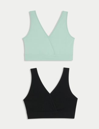 M&S Collection Women's 2 Pack Lounge Nursing Maternity Bras - Green Mix, Green Mix,Mushroom