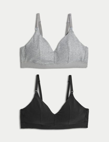 M&S Collection Women's 2 Pack Non Wired Nursing Bras A-D - 12D-E - Grey Mix, Oatmeal Mix,Grey Mix