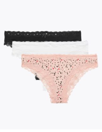 M&S Collection Women's 3pk Cotton Rich & Lace Brazilian Knickers - 12 - Pink Mix, Pink Mix