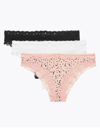 M&S Collection Women's 3pk Cotton Rich & Lace Brazilian Knickers - 8 - Pink Mix, Pink Mix