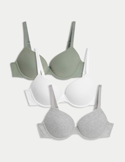 M&S Collection Women's 3pk Cotton Wired Push-Up Bras A-E - 34B - Green Mix, Green Mix,Opaline Mix