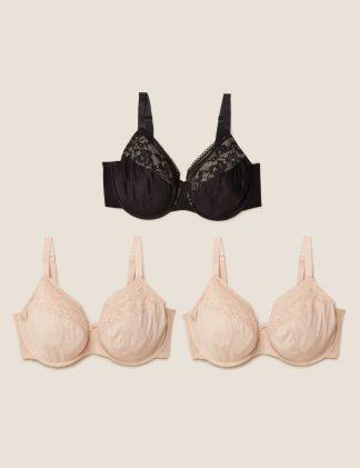 M&S Collection Women's 3pk Lace Trim Wired Full Cup Bras F-H - 32G - Opaline Mix, Opaline Mix