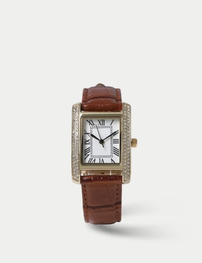 M&S Collection Women's Faux Leather Rhinestone Watch - Brown, Brown