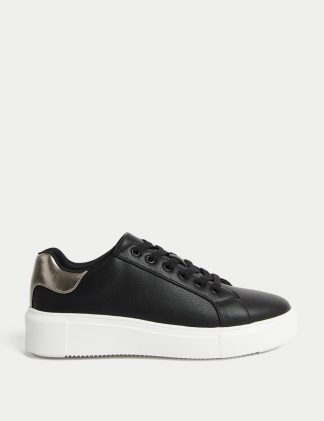 M&S Collection Women's Lace Up Platform Trainers - 3.5 - Black Mix, Black Mix,White,Black/Black