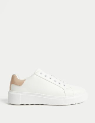 M&S Collection Women's Lace Up Platform Trainers - 5.5 - White, Black Mix,White,Black/Black