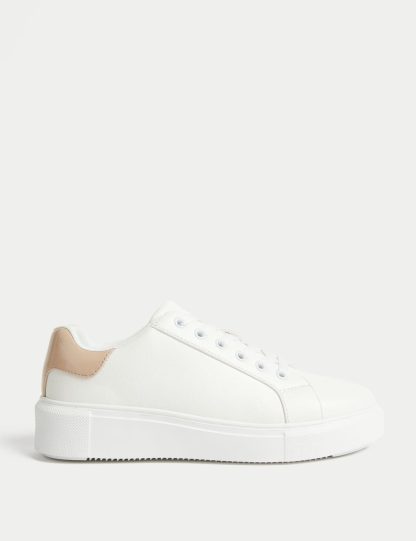 M&S Collection Women's Lace Up Platform Trainers - 5.5 - White, Black Mix,White,Black/Black