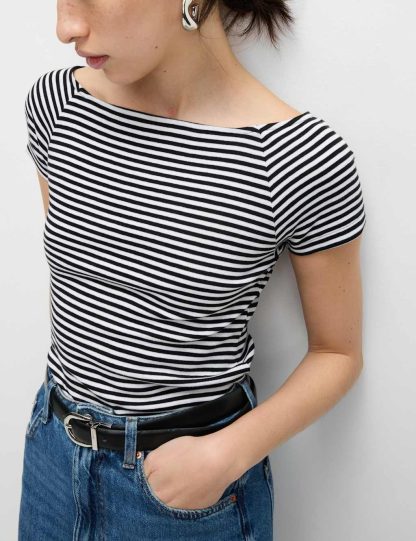 M&S Collection Women's Pure Cotton Striped Off The Shoulder Top - 12 - White Mix, White Mix,Brown Mix