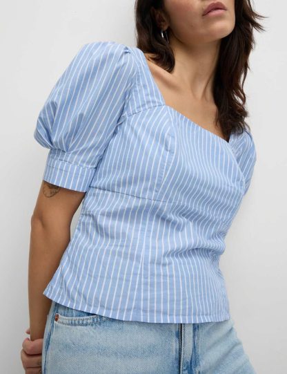 M&S Collection Women's Pure Cotton Striped Square Neck Slim Fit Top - 12REG - Blue Mix, Blue Mix