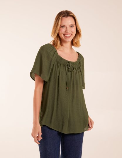 Milkmaid Shirred Swing Top - S / KHAKI