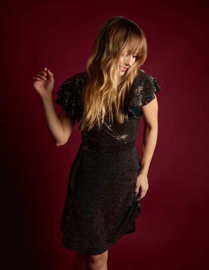 Mirror Shimmer Frill Sleeve Dress - 8 / Bronze