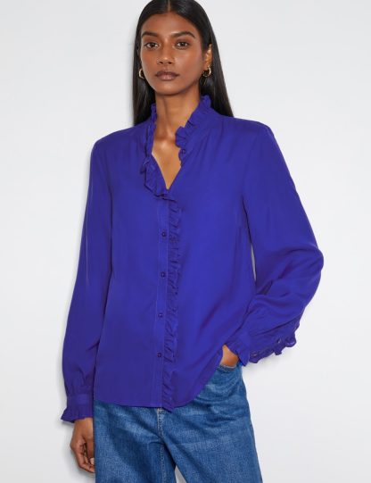 Monsoon Women's Collared Ruffle Blouse - 8 - Dark Blue, Dark Blue,Pink