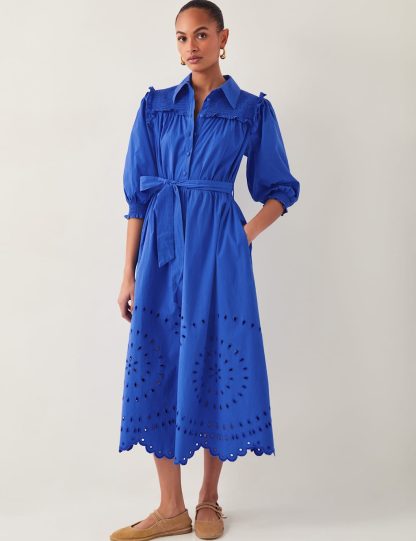 Monsoon Women's Pure Cotton Broderie Midi Skater Dress - 22 - Blue Mix, Blue Mix