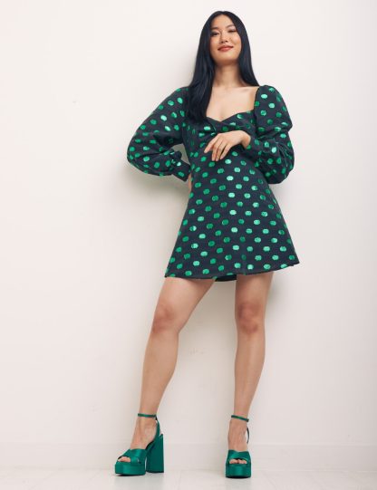 Nobody's Child Women's Cotton Blend Polka Dot Mini Smock Dress - 8 - Green Mix, Green Mix