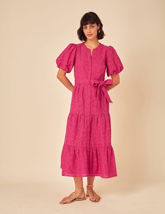 Nobody's Child Women's Pure Cotton Broderie Midaxi Tiered Dress - 14 - Pink, Pink