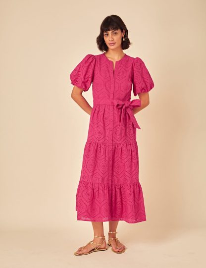 Nobody's Child Women's Pure Cotton Broderie Midaxi Tiered Dress - 14 - Pink, Pink