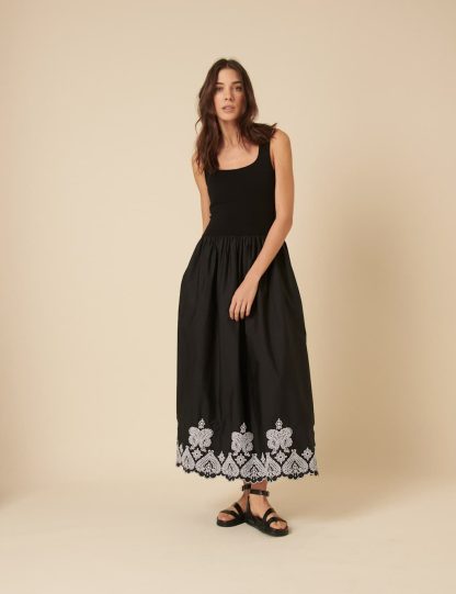 Nobody's Child Women's Pure Cotton Embroidered Midaxi Smock Dress - 12 - Black, Black