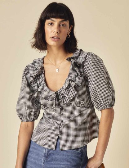 Nobody's Child Women's Pure Cotton Gingham V-Neck Ruffle Puff Sleeve Blouse - 12 - Black, Black