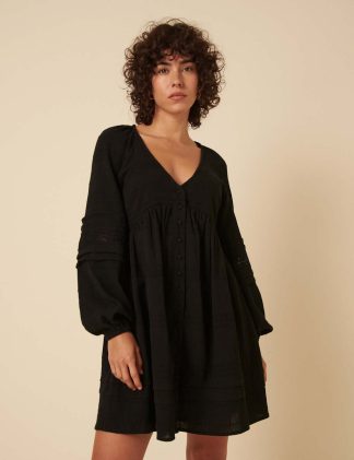 Nobody's Child Women's Pure Cotton V-Neck Button Front Mini Smock Dress - 12 - Black, Black