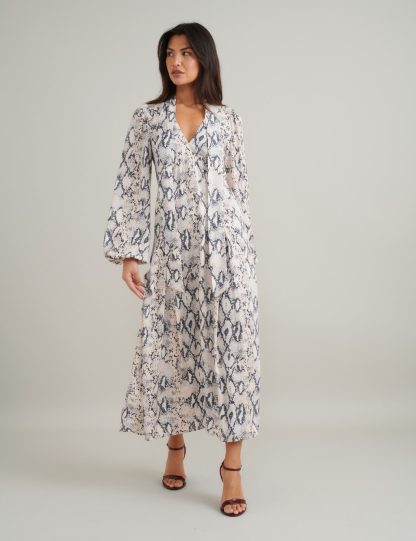 Nobody's Child Women's Snake Print V-Neck Midi Smock Dress - 14 - Brown Mix, Brown Mix