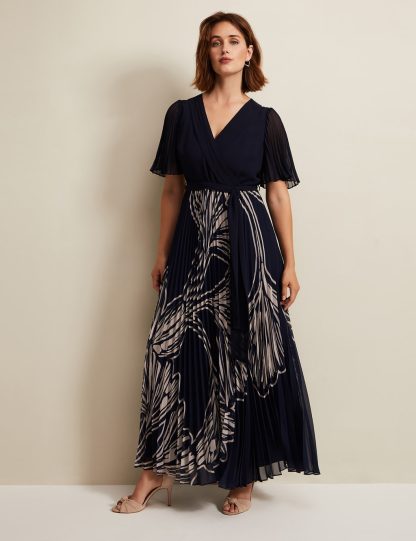 Phase Eight Women's Floral V-Neck Angel Sleeve Maxi Wrap Dress - 10 - Navy Mix, Navy Mix