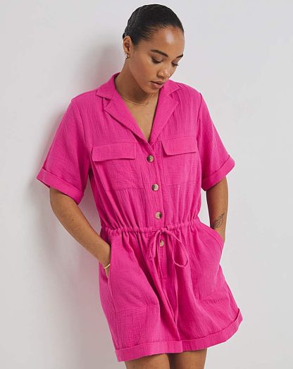 Pink Cheesecloth Button Up Playsuit