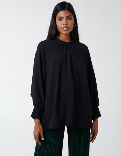 Pleated Front Blouson Top - ONE / BLACK