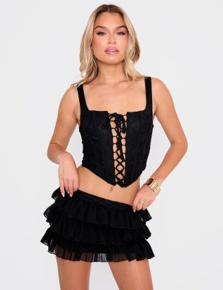 Square Neck Lace Up Dipped Hem Corset Black